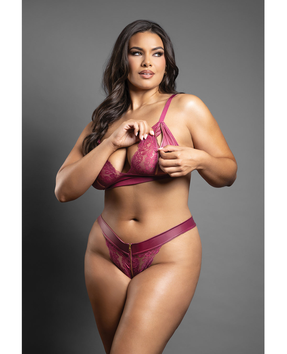 Plus size berry lace and leatherette bralette with zipper details, alternate view