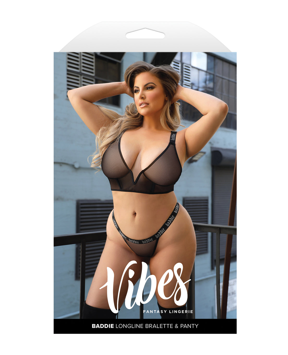 Plus size black glitter mesh bralette and thong set, another angle