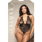 Plus size black metallic eyelash lace teddy, another angle