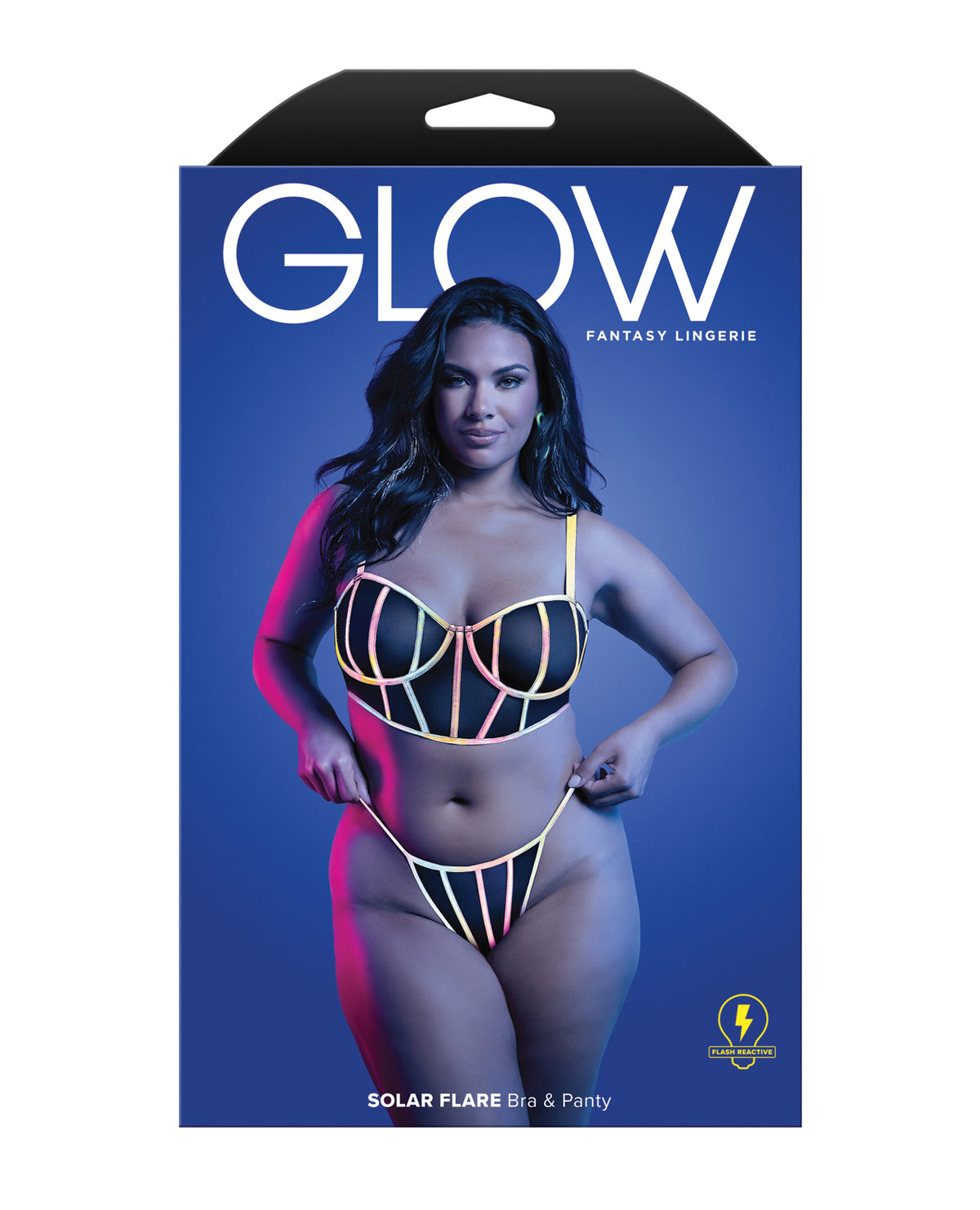 Plus size black reflective trim bra and thong set, another angle
