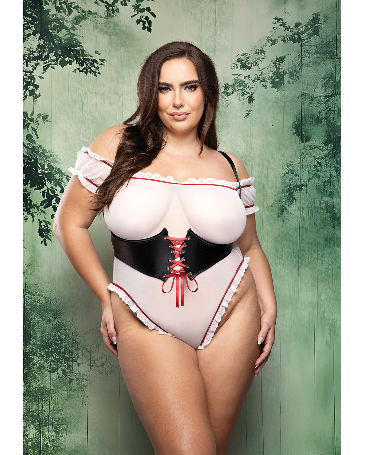 Plus size black and white ruffle teddy and cape costume with a foiled mesh hooded cape