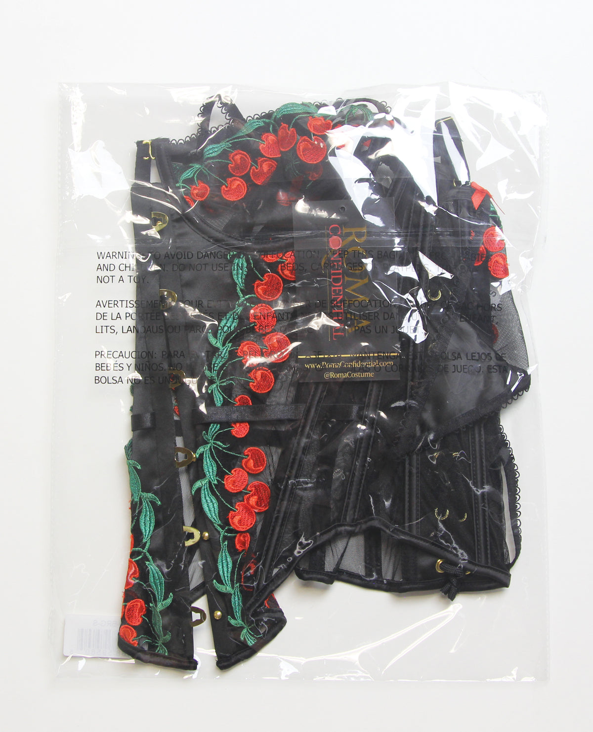 Plus size black embroidered cherry lace corset set, another angle
