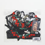 Plus size black embroidered cherry lace garter set, another angle