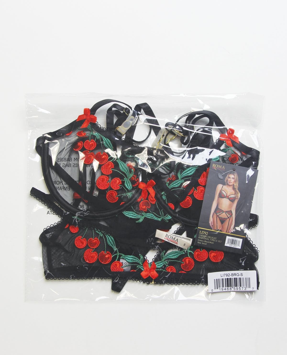 Plus size black embroidered cherry lace garter set, another angle