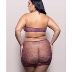 Plus size purple cut-out halter dress with opaque and lace knit fabric