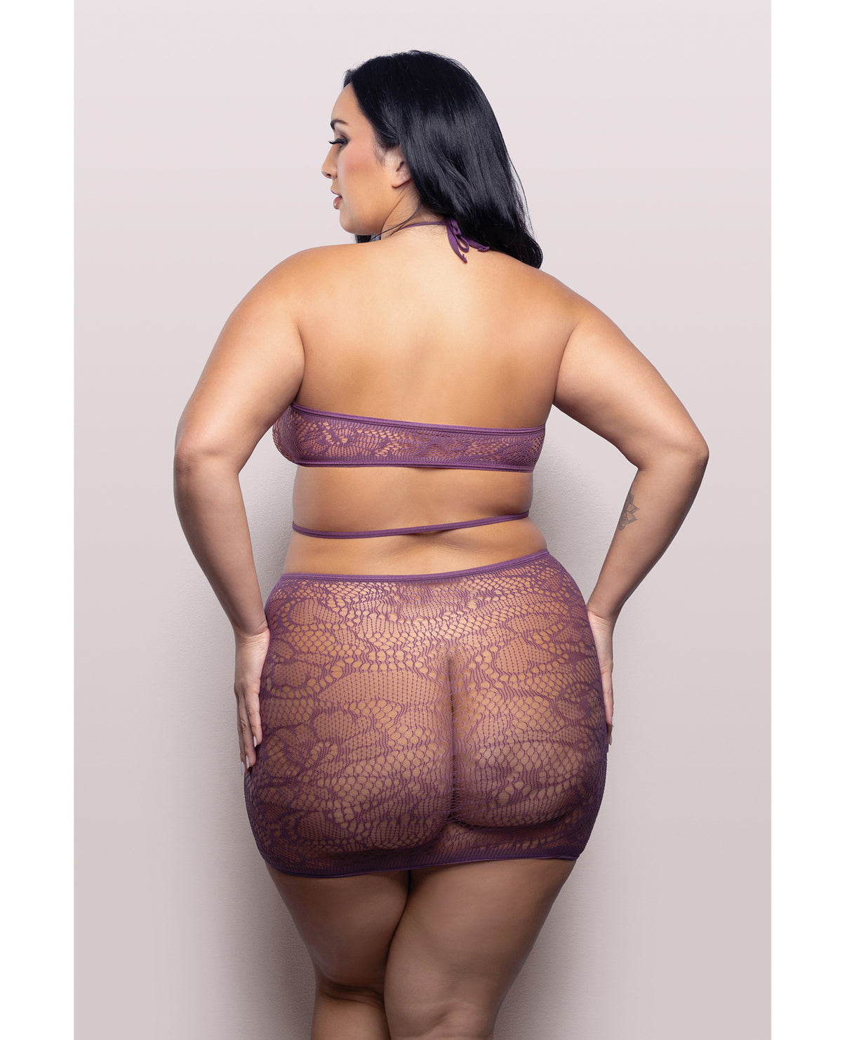Plus size purple cut-out halter dress with opaque and lace knit fabric
