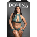 Plus size green lace bralette set with chain-link handcuffs, another angle