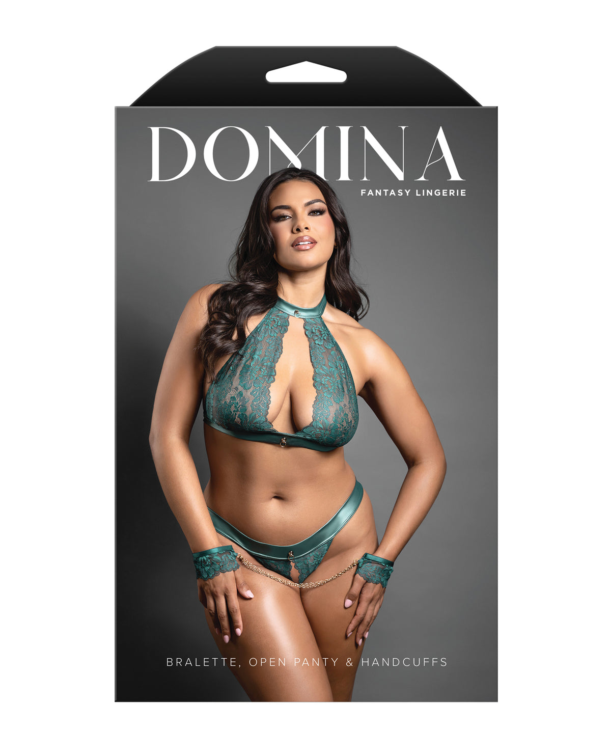 Plus size green lace bralette set with chain-link handcuffs, another angle