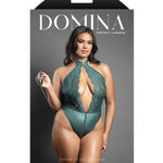 Plus size green lace teddy with detachable chain-link leash, another angle