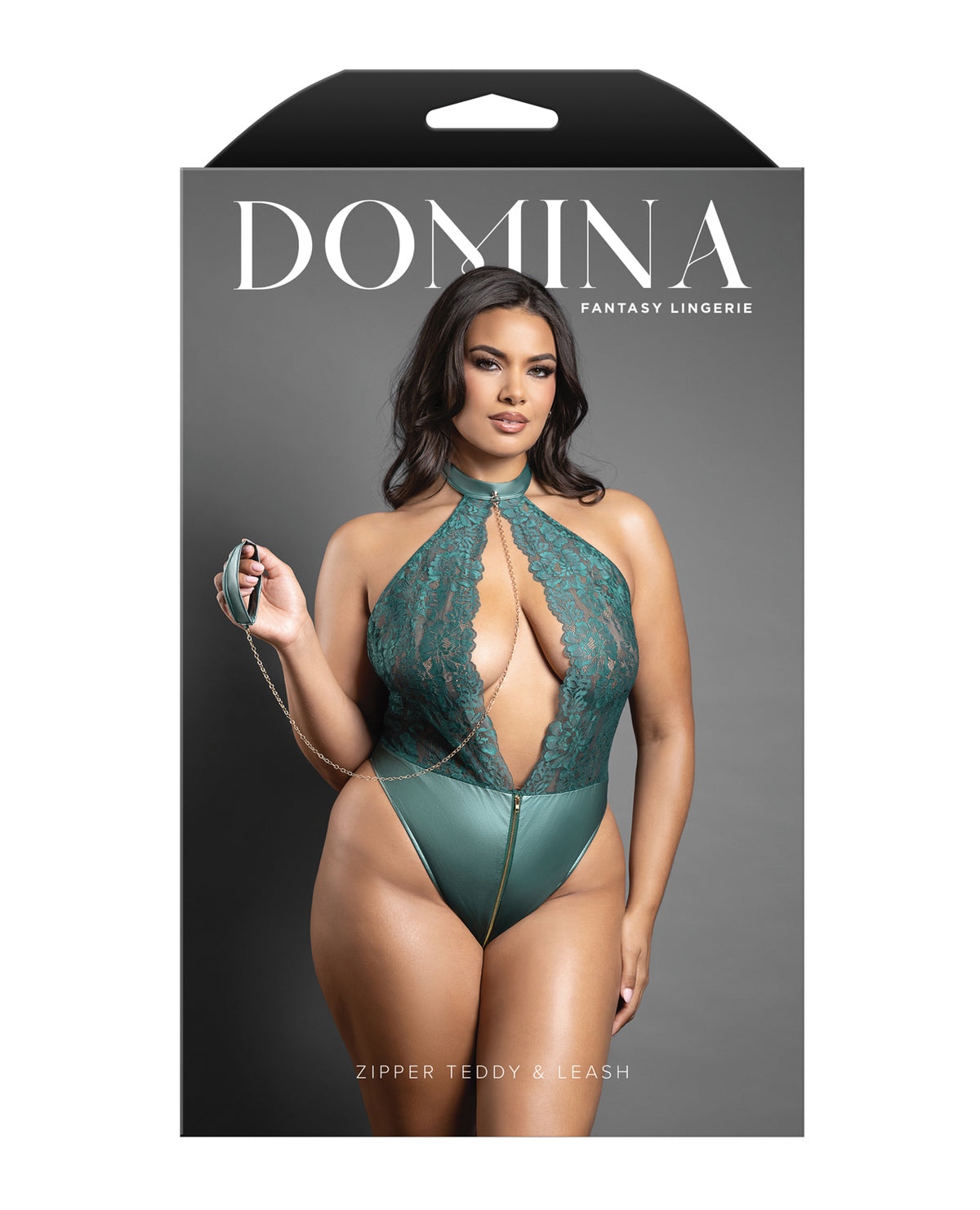 Plus size green lace teddy with detachable chain-link leash, another angle