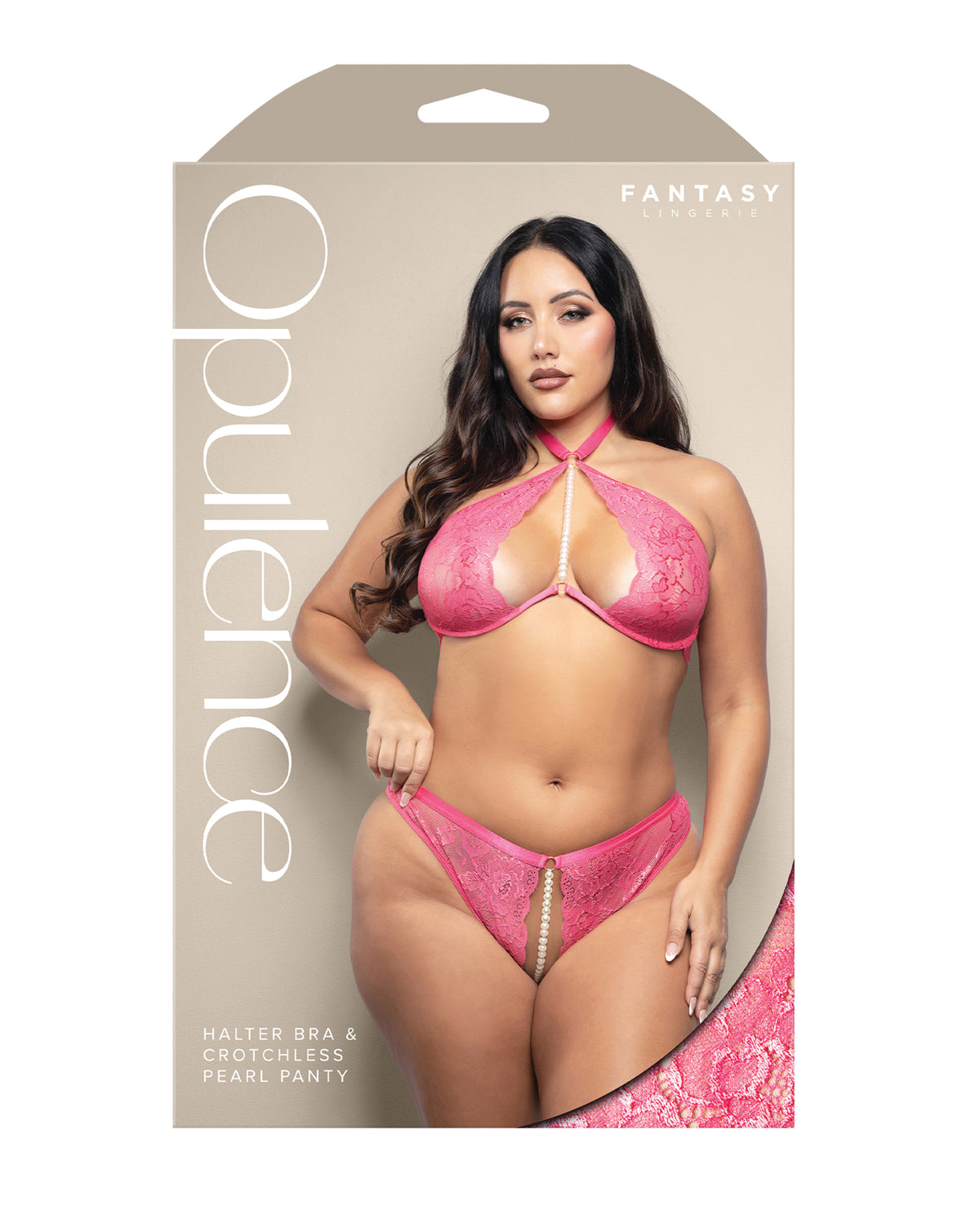 Plus size hot pink shimmer lace bra and panty set, another angle
