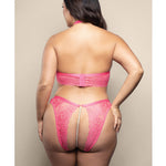 Plus size hot pink shimmer lace bra and panty set with underwire cups