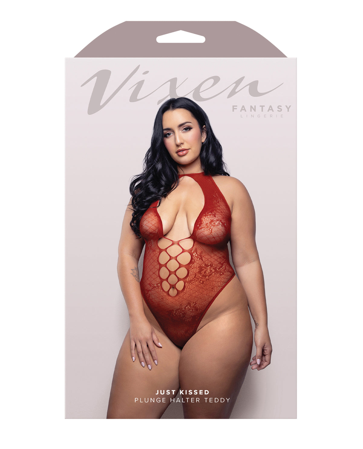 Plus size red floral lace teddy, another angle