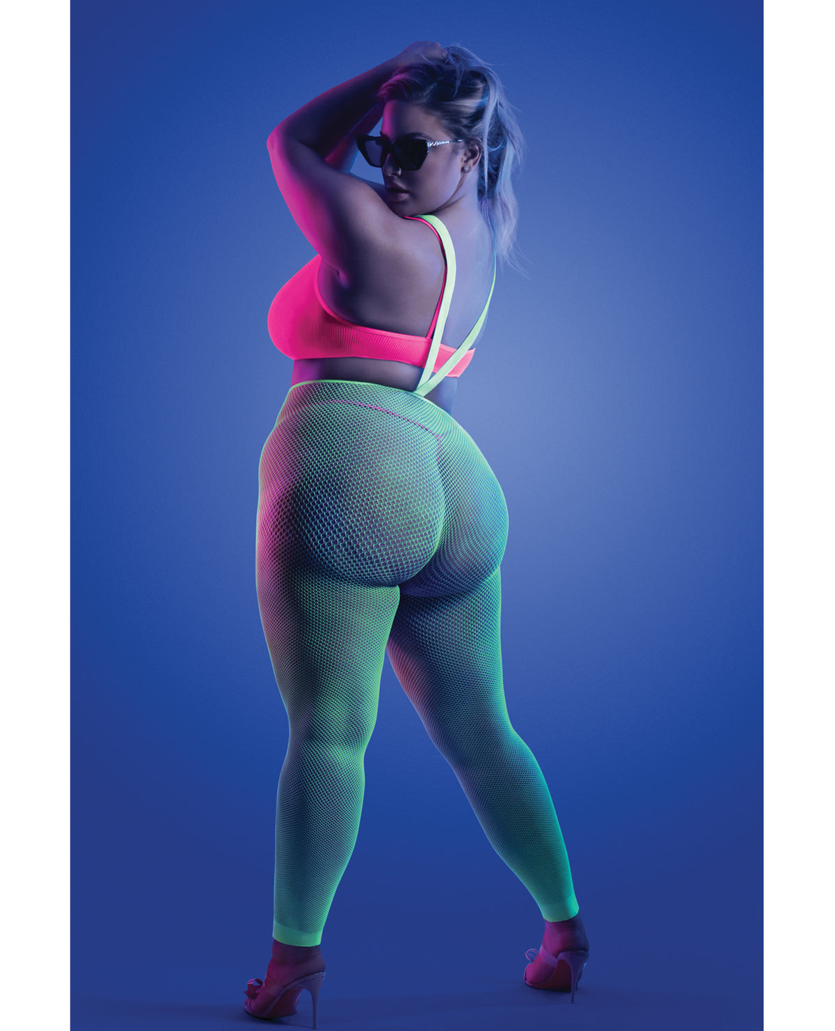 Plus size neon green and pink UV reactive bralette and g-string, alternate view