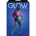 Plus size neon green and pink three-piece UV reactive lingerie set, additional view