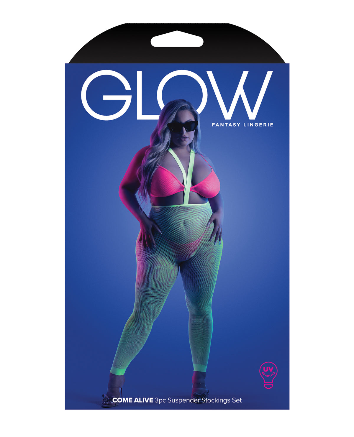 Plus size neon green and pink three-piece UV reactive lingerie set, additional view