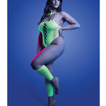 Plus size neon green rhinestone knit teddy with matching gloves, alternate view
