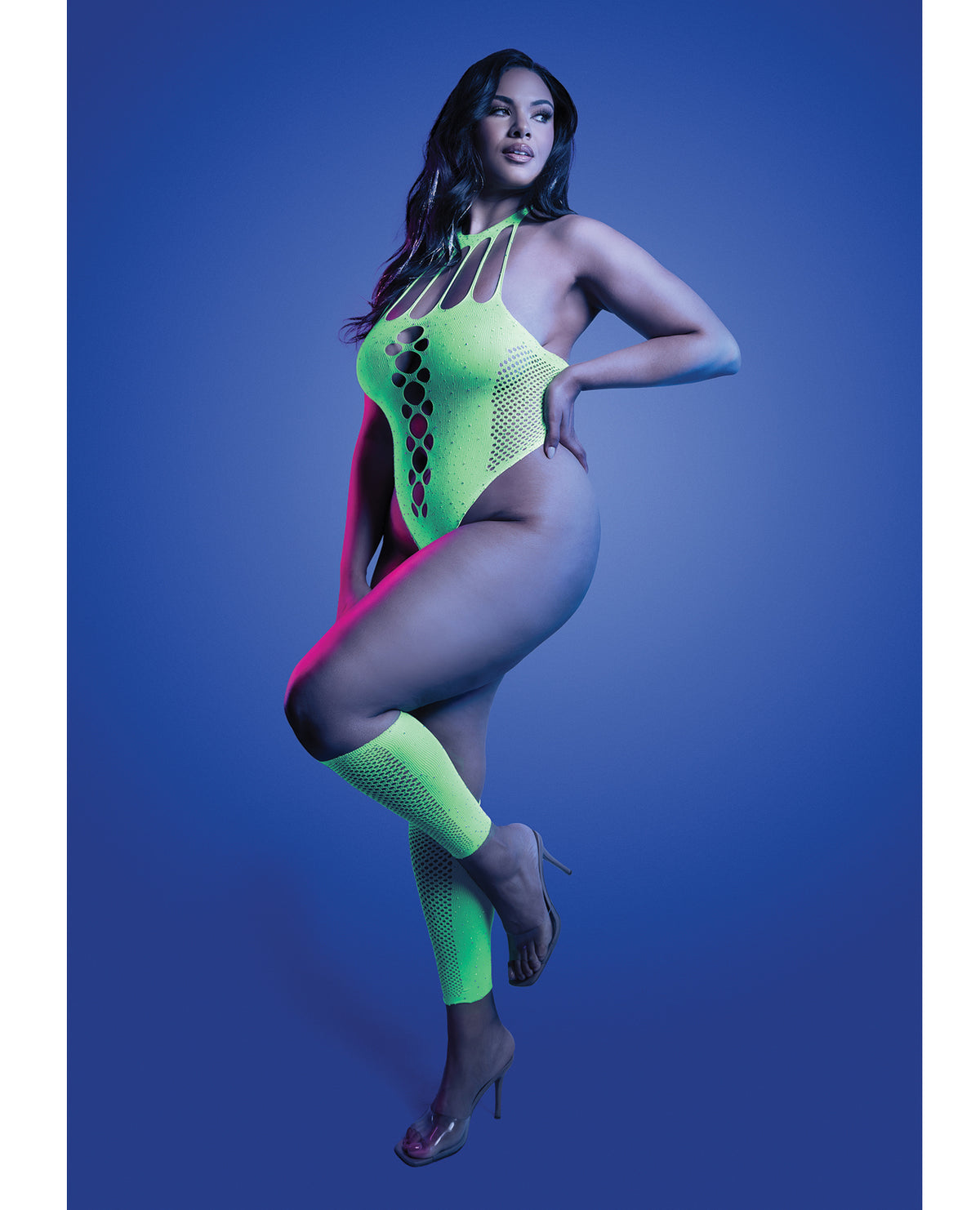 Plus size neon green rhinestone knit teddy with matching gloves, alternate view