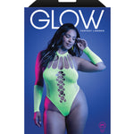 Plus size neon green teddy and gloves set in rhinestone studded knit, additional view