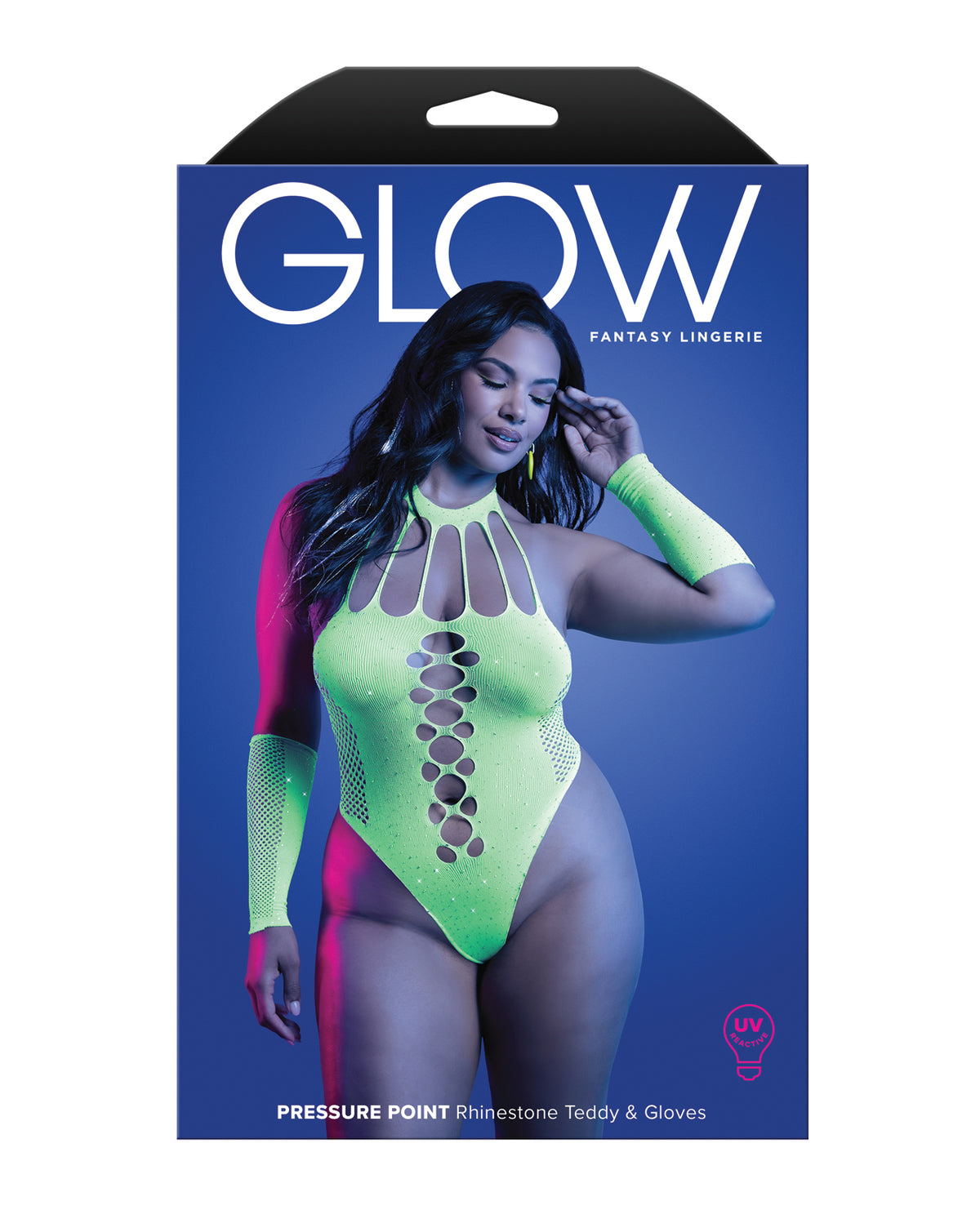 Plus size neon green teddy and gloves set in rhinestone studded knit, additional view