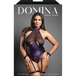 Plus size purple leatherette and mesh gartered bustier set, another angle