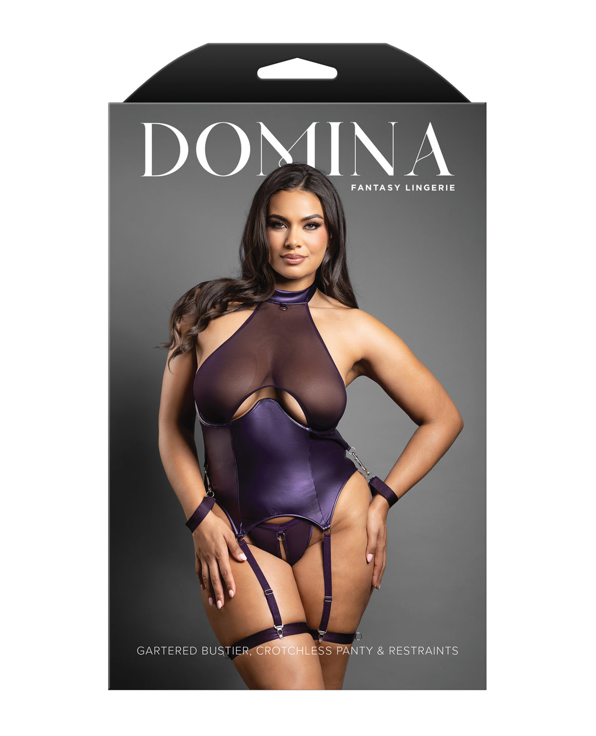 Plus size purple leatherette and mesh gartered bustier set, another angle