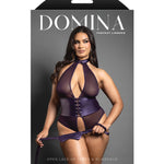 Plus size purple leatherette open halter teddy set, additional view