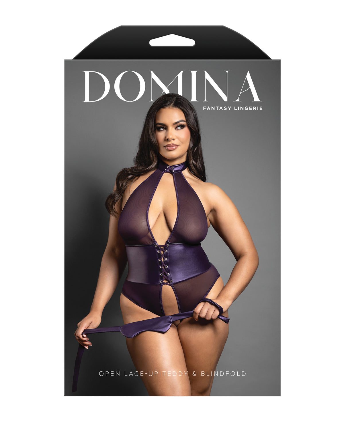 Plus size purple leatherette open halter teddy set, additional view