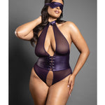 Plus size purple open halter teddy with lace-up detail, alternate view