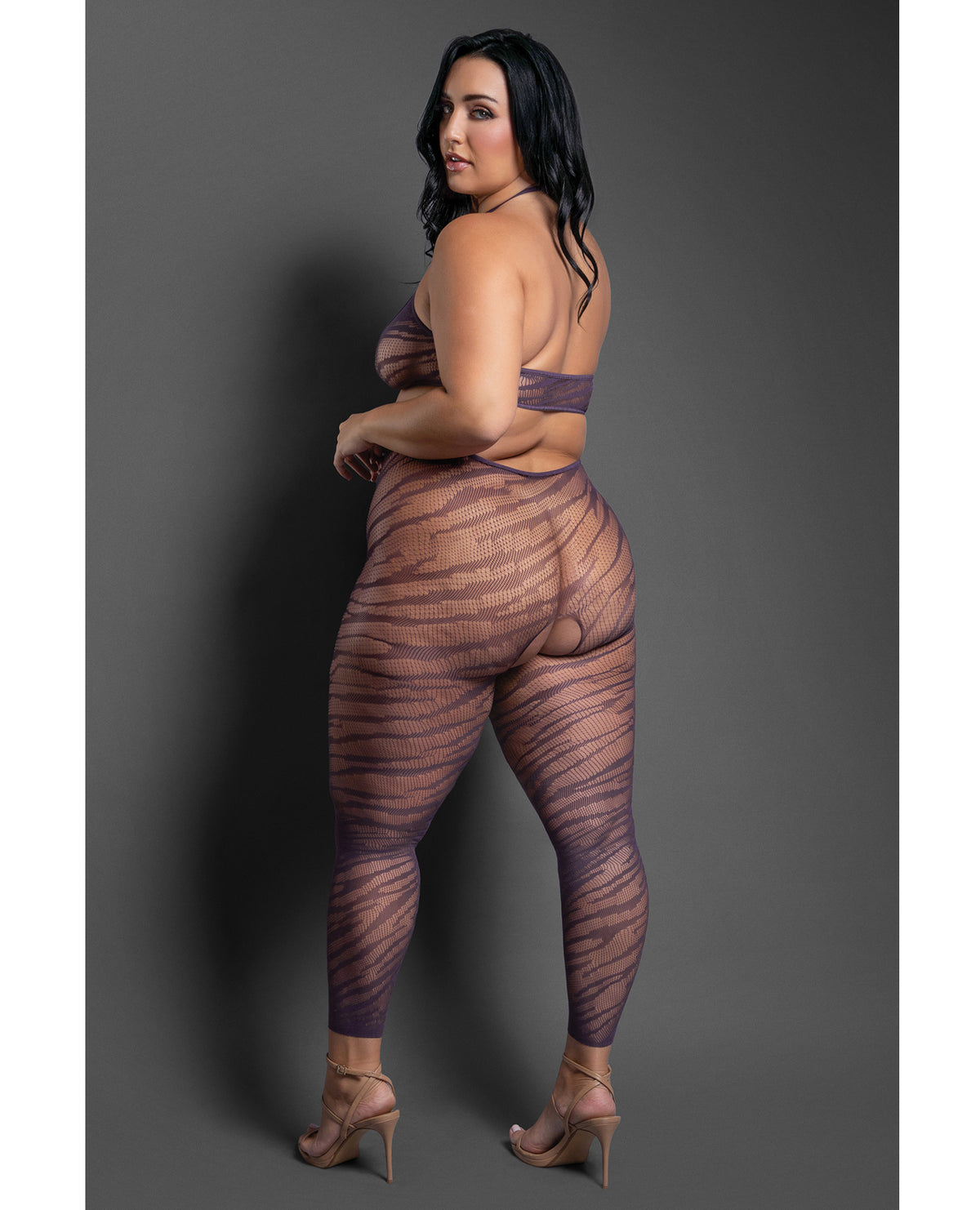 Plus size purple zebra knit footless bodystocking with cut-out bodice, alternate view