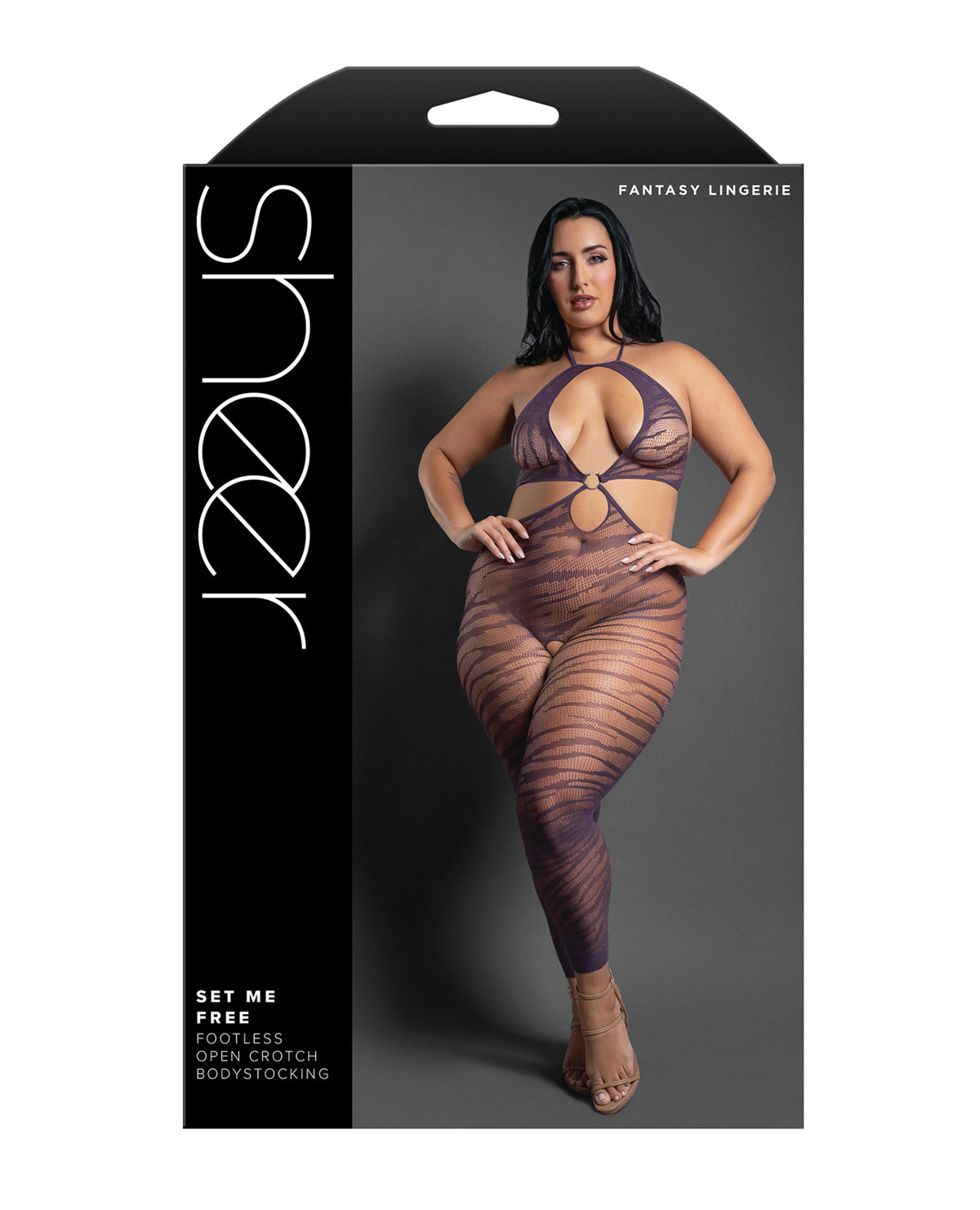 Plus size purple zebra print open crotch bodystocking, additional angle
