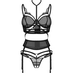 The Premisis black three-piece crotchless set, seen from a different angle