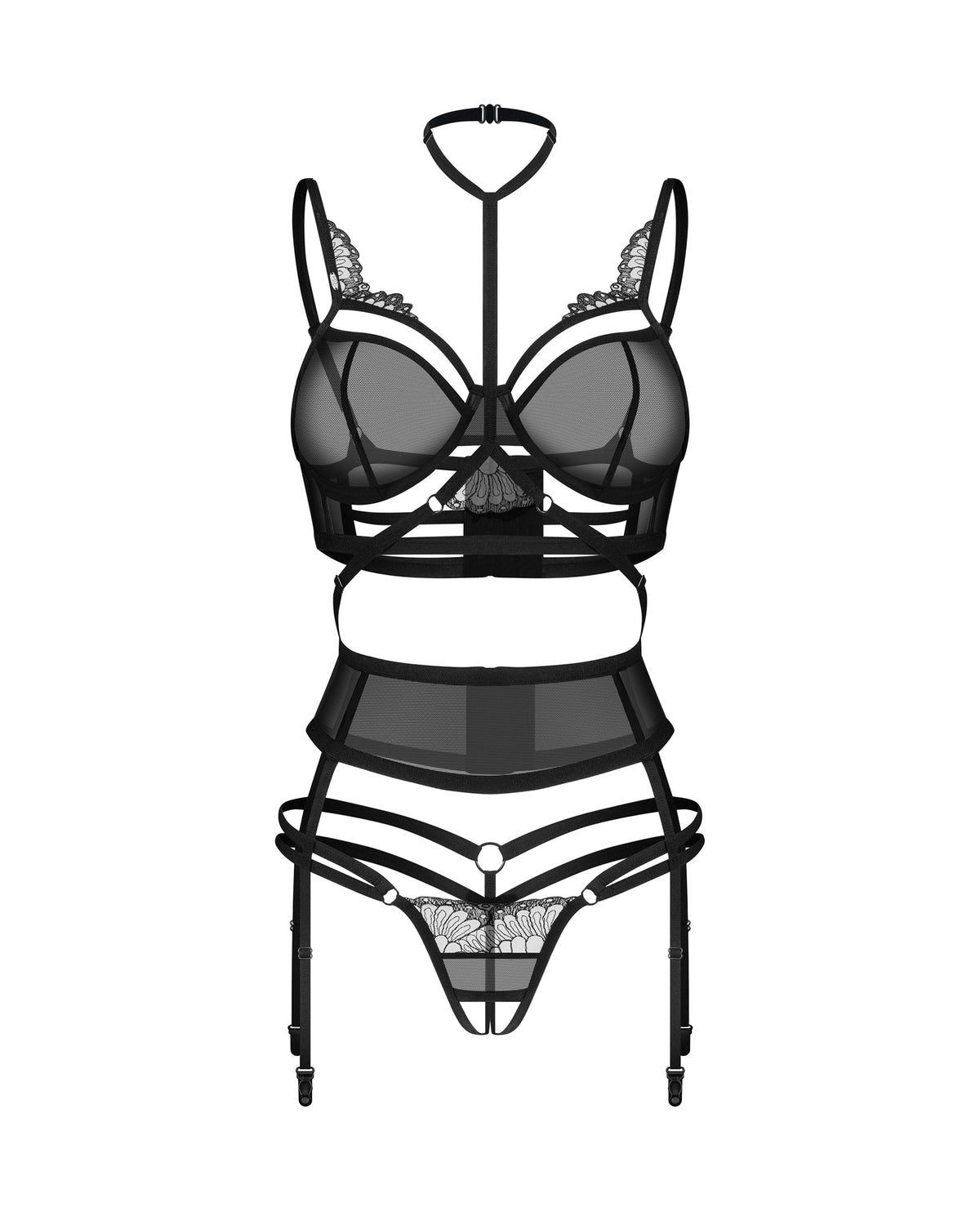 The Premisis black three-piece crotchless set, seen from a different angle