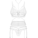 The Premisis white three-piece crotchless set with an adjustable choker