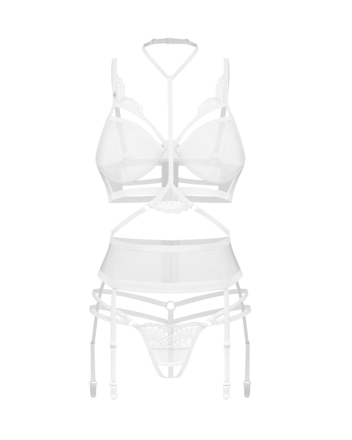 The Premisis white three-piece crotchless set with an adjustable choker