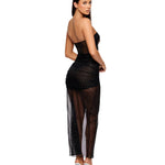 Black glitter mesh nightgown with layered ruched mesh at the bust and hips