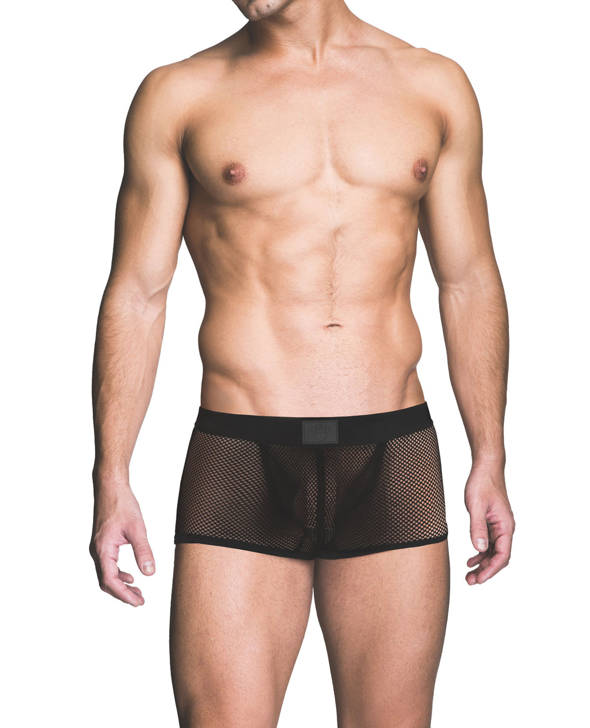 Black fishnet backless men's trunk in polyester and spandex by Prowler