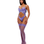 Purple guipure lace teddy set with contrast satin panels and lined lace cups