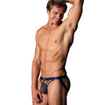 Purple men's jock with front ring and butt-boosting leg straps