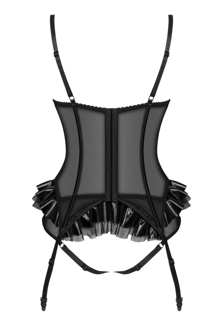 A different perspective on the Rafaella black wet-look lace corset set