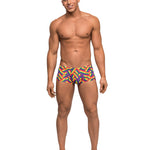 Rainbow herringbone print men's mini short with a contoured comfort pouch