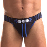Blue Rally cotton and spandex jockstrap with a logo waistband