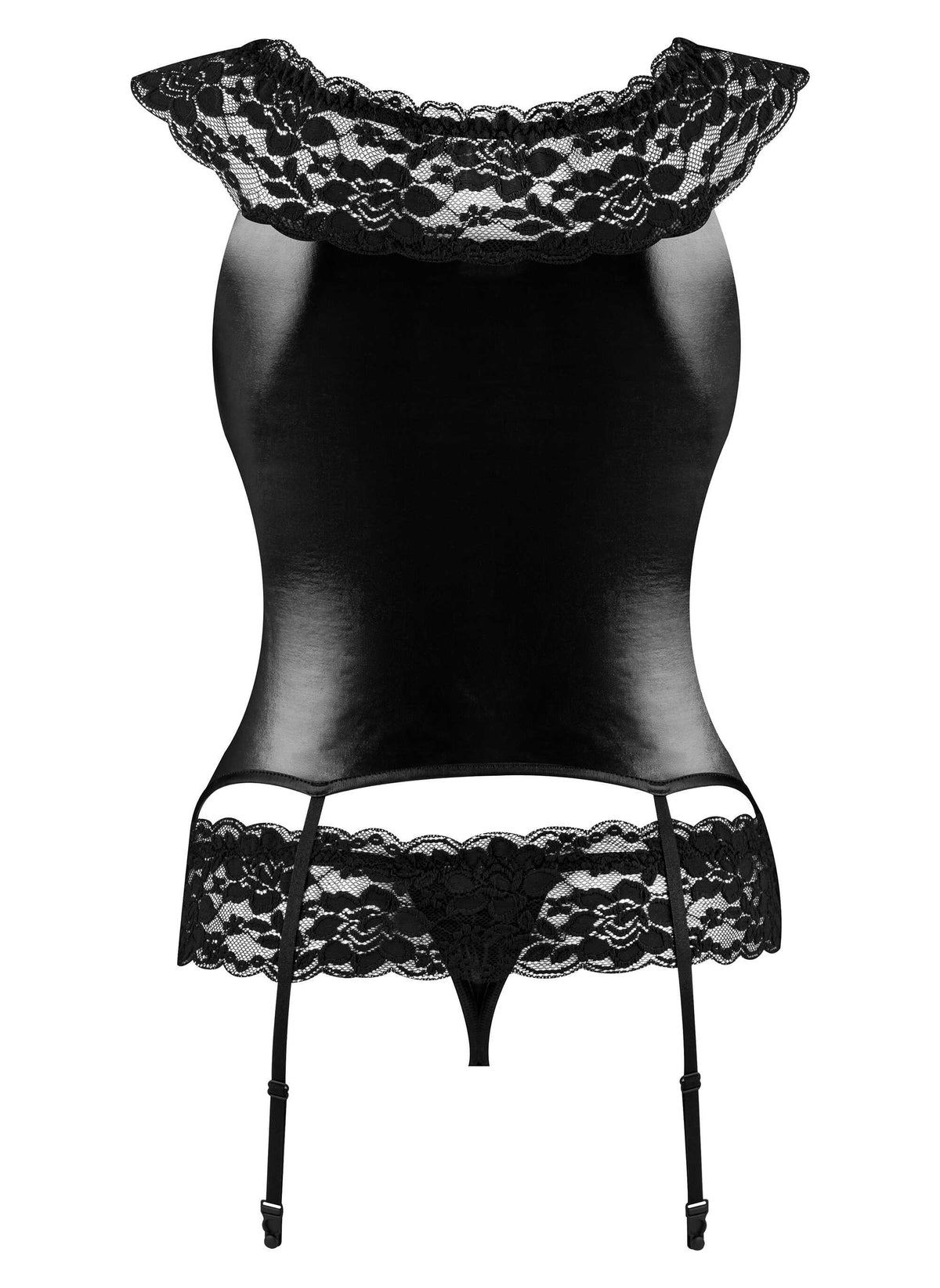 One more view of the Raven black wet-look and lace set