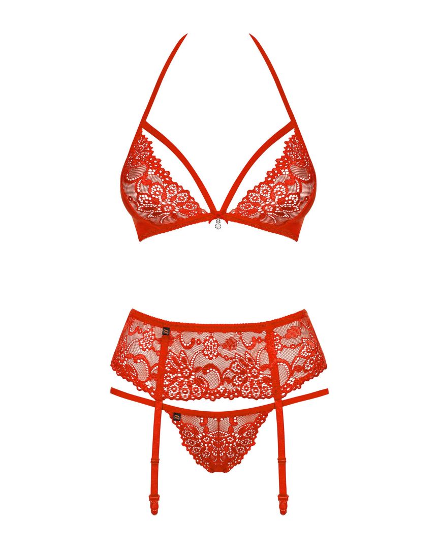 An additional view of the red halter garter set
