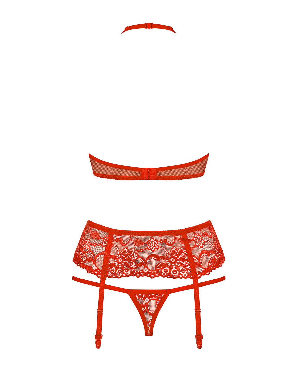 The red halter garter set, featuring sheer red lace