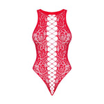 An alternate view of the red knit hosiery bodysuit, with suggestive lacing detail