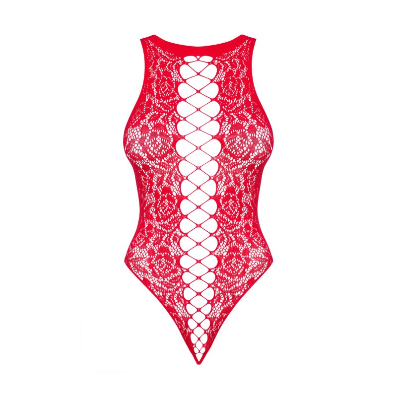 An alternate view of the red knit hosiery bodysuit, with suggestive lacing detail