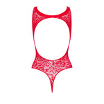 The red knit hosiery bodysuit with an open back and closed crotch