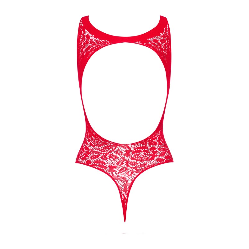 The red knit hosiery bodysuit with an open back and closed crotch