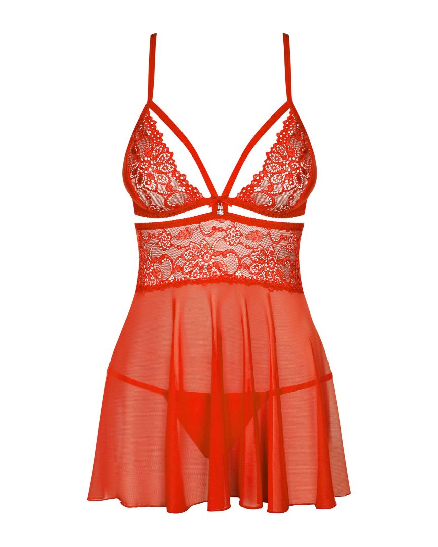The red mesh babydoll, featuring a matching thong